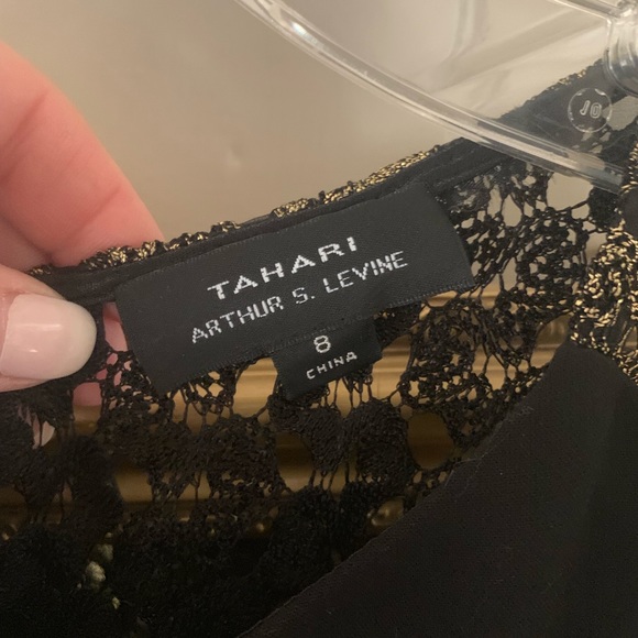 Tahari cocktail dress gold sheer back little black - Picture 3 of 4